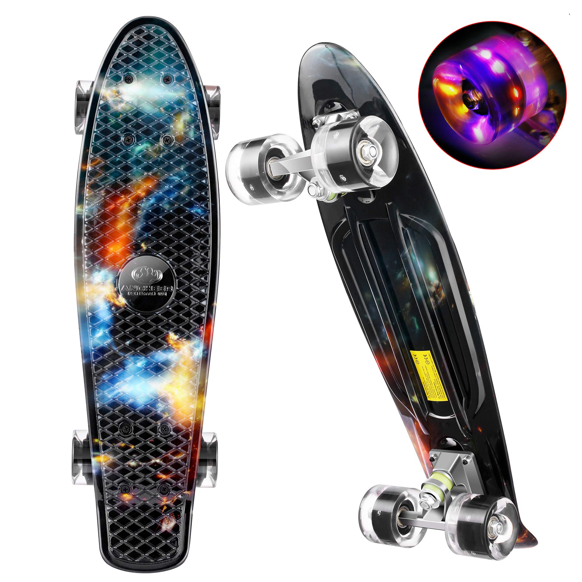 WeSkate Mini Cruiser Skateboard Retro Komplettboard 22" 55cm Vintage Skate Board mit Kunststoff Deck und blinkenden Ywhb-12 Schwarz Einheitsgröße