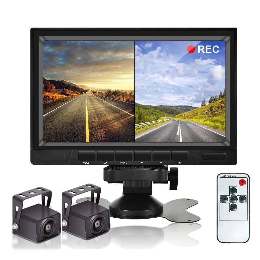 CAMECHO Rückfahrvideosystem mit Dual Rückfahrkamera,7 Zoll Monitor 2 Split-Bildschirm,Wasserdicht Nachtsicht HD Rückfahrkameras Auto für LKW/Wohnmobil/Trailer/PKW/KFZ 12V-36V