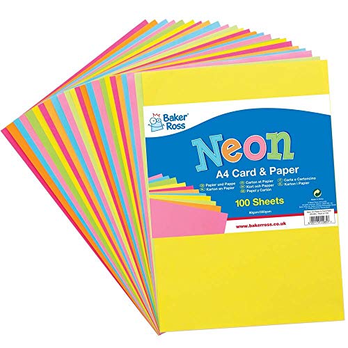 Baker Ross FE485, Neon, A4-Papier und Karton, Packung mit 102 Stück, farbiges Kunstzubehör für Kinder, Bastelarbeiten