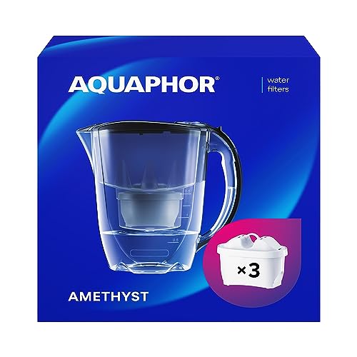 Aquaphor Amethyst Filterkanne - Trinkwasserkanne mit 3 Original-Kartuschen Maxfor Plus, Farbe Schwarz