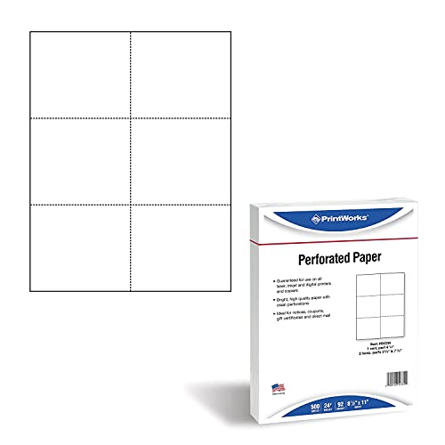 PrintWorks Professionelles perforiertes Papier für Tickets, Coupons, Zertifikate und mehr, 8,5 x 11 cm, 10,9 kg, 3 Perfs – 9 cm und 19 cm von unten und 10,2 cm von links, 500 Blatt, weiß (04334)