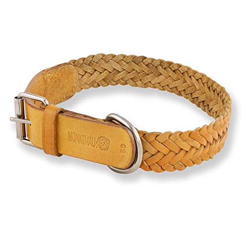 Monkimau Lederhalsband für Hunde, geflochtenes Halsband, Beige (30mm x 65cm)