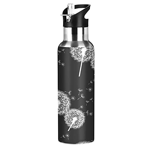 TropicalLife Wasserflasche mit Strohhalm, auslaufsicher, 600 ml, Frühlings-Pusteblumen-Motiv, vakuumisolierte Flasche für Jungen, Mädchen, Erwachsene, Outdoor-Sport