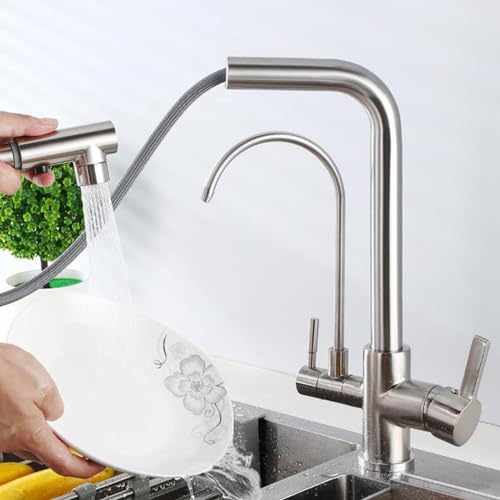 Küchenarmatur 3 Wege Ausziehbar Messing Gereinigtes Wasser Wasser Kalt und Heiß Drehbar Küchenspüle-Wasserhahn-Gebürstet