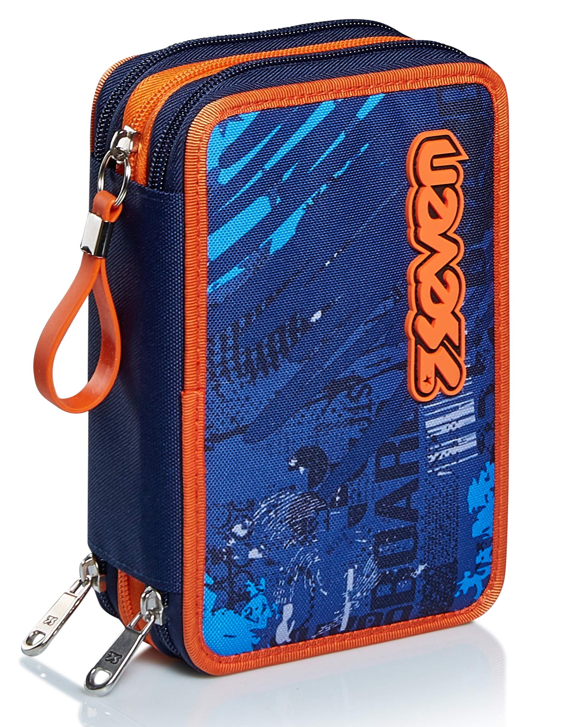 Seven Federmäppchen, Mäppchen, mehrfarbig, Federtasche für Schreibwaren, Etui mit Stiften, Kugelschreiber, & mehr, 3 Fächer, Mädchen & Jungen, Schule - Grundschule, XXL FLY STARS blau/orange