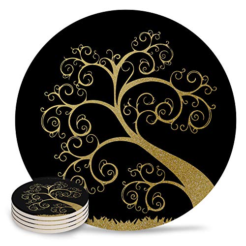 Keramik-Getränkeuntersetzer Set mit 8 Stück, goldener Baum, schwarzer Hintergrund, saugfähiger Stein-Keramik-Untersetzer mit Kork-Rückseite für Arten von Tassen und Tassen, runder Tischuntersetzer