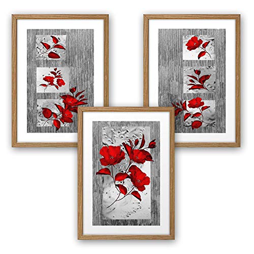 3-teiliges Premium Poster-Set | Kunstdruck | rote Blüten | Deko Bild für Ihre Wand | optional mit Rahmen | Wohnzimmer Schlafzimmer Modern Fine Art | DIN A4 / A3 (A3, natur Rahmen)