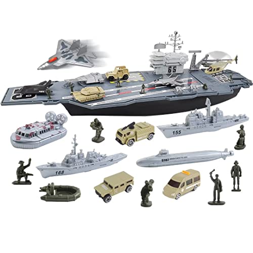 deAO Modellschiff-Flugzeugträger mit kleinen Modellflugzeugen, LKW, Panzer, U-Boot, Schlachtschiffen und Actionfiguren inklusive