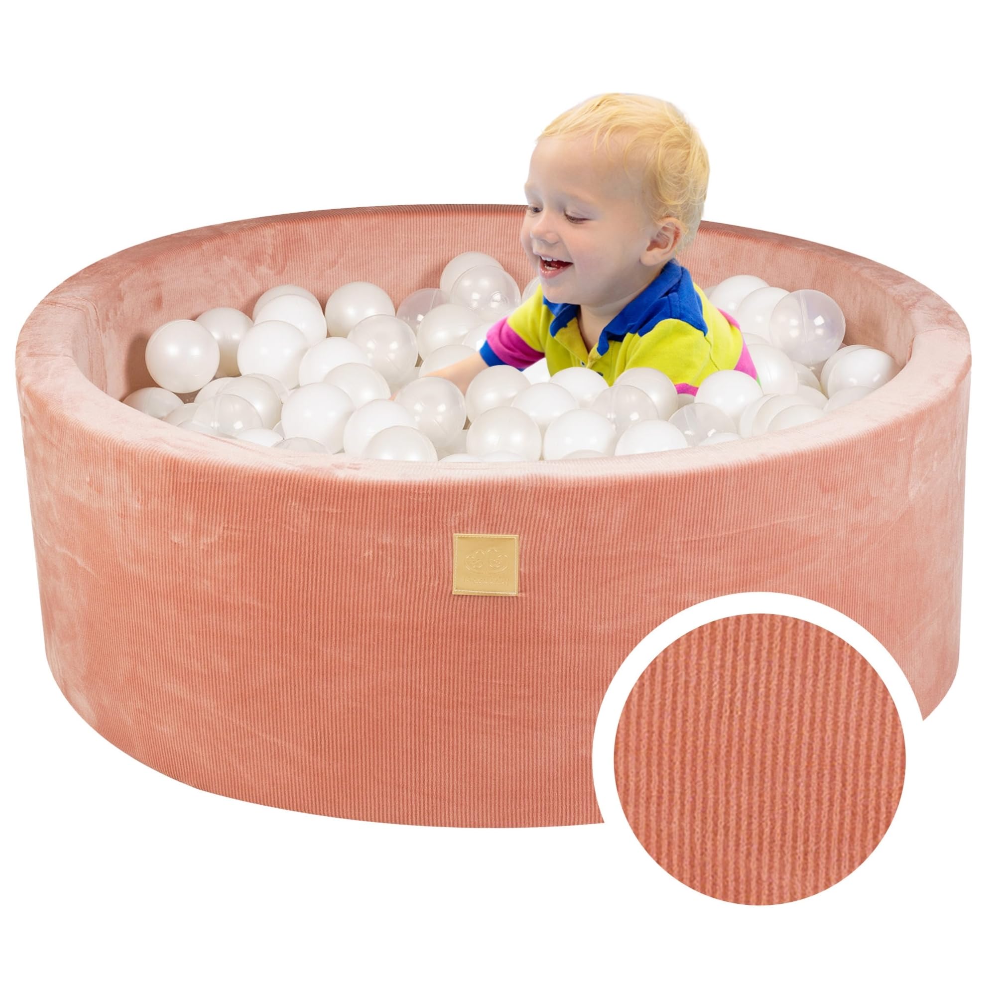 MEOWBABY Bällebad Baby - Rund 90x30cm Baby Pool für Kinder mit 200 Bälle, Kord, Aprikose: Weiß/Perlweiß/Transparent