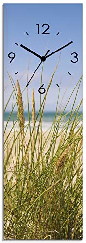 Artland Wanduhr ohne Tickgeräusche Glasuhr mit Motiv Design Quarz lautlos Größe: 20x60 cm Strand mit Dünengras im Sand S9OJ Meer Creme