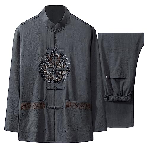 G-LIKE Herren Anzug Tangzhuang Uniform - Traditionelle Chinesische Gestickte Kleidung Kampfkunst Trainingsanzug Langärmelige Jacke elastisch Hosenbund Stehkragen – Baumwolle Leinen (Dunkelgrau, XL)