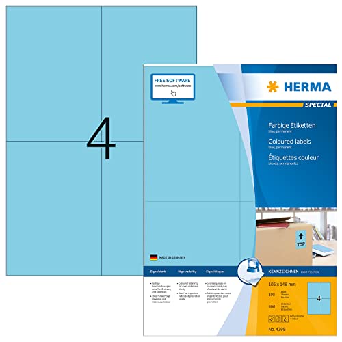 HERMA 4398 Farbige Etiketten DIN A4, 14er Set (105 x 148 mm, 1.400 Blatt, Papier, matt) selbstklebend, bedruckbar, permanent haftende Farbetiketten, 5.600 Klebeetiketten, blau