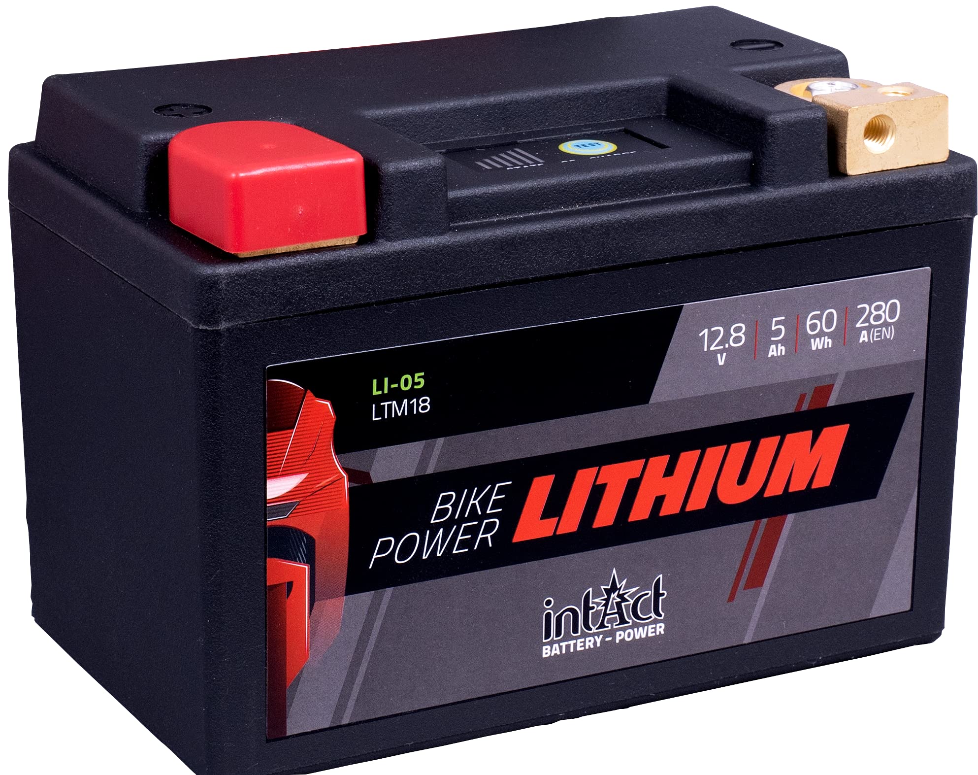 intAct - LITHIUM MOTORRADBATTERIE | Batterie für Roller, Motorrad, Quads uvm. Bis zu 75% Gewichtseinsparung | Bike-Power LI-05, LTM18, 12,8V Batterie, 5 AH (c10), 60 Wh, 280 A (CCA) | Maße: 148x86x105mm