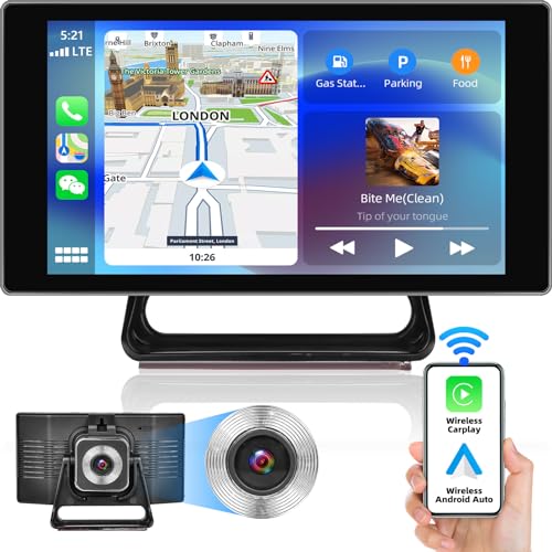Tragbares Autoradio, digital, drahtlos, Multimedia-Receiver, Apple CarPlay & Android Auto, Navigationsgerät für Auto mit Frontkamera 4K Bluetooth/FM-Transmitter/Sprachsteuerung/Google/GPS/AUX