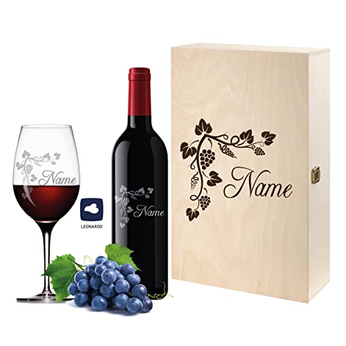 FORYOU24 Premium Weinbox Weinranke mit Leonardo Weinglas Gravur und Weinflasche