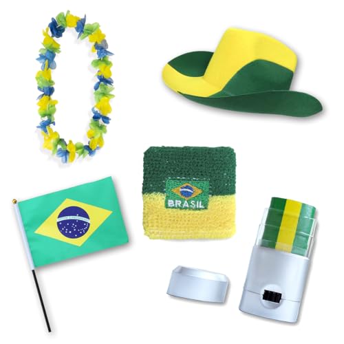 Sonia Originelli Fan-Paket EM Brasilien Brazil Brasil Fußball Hut Kette Schminke Schweißband Flagge