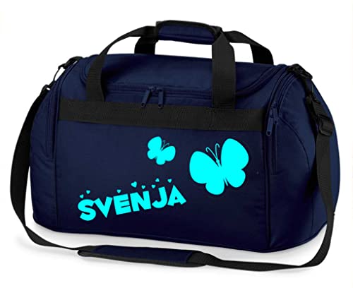 Kinder-Sporttasche mit Namen Bedruckt | Personalisierbar mit Motiv Schmetterling | Reisetasche Duffle Bag für Mädchen in Pink, Blau, Grün (Dunkelblau)