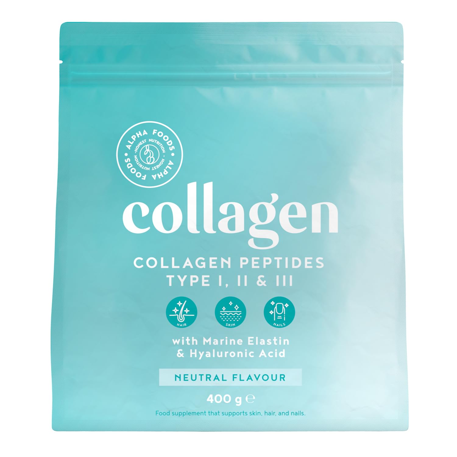 Alpha Foods Collagen Pulver (400g) - Kollagen Hydrolysat Peptide Type I, II, & III - Hochdosiert Kollagenpulver mit Hyaluronsäure und Elastin - Geschmacksneutral - Aus Deutschland