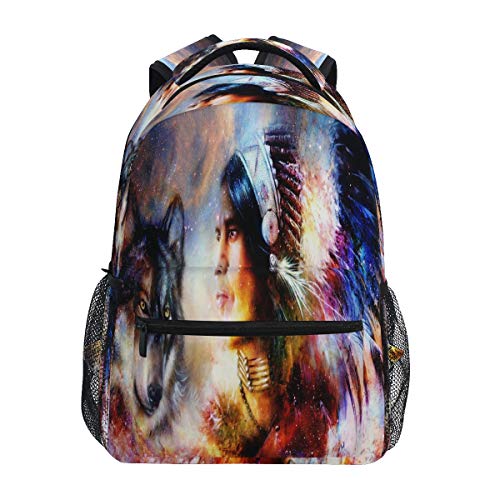 Rootti Rucksack Indian Warrior Wolf Daypack Leinwand Schule mit Reisen Büchertasche Rucksack für Teenager Jungen Mädchen Herren und Damen