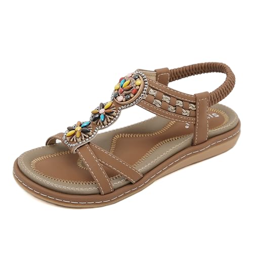 Youpin Source Damen Bequeme Leichte Perlen Sandalen Geflochtene Flache Strandsandalen,Braun,42