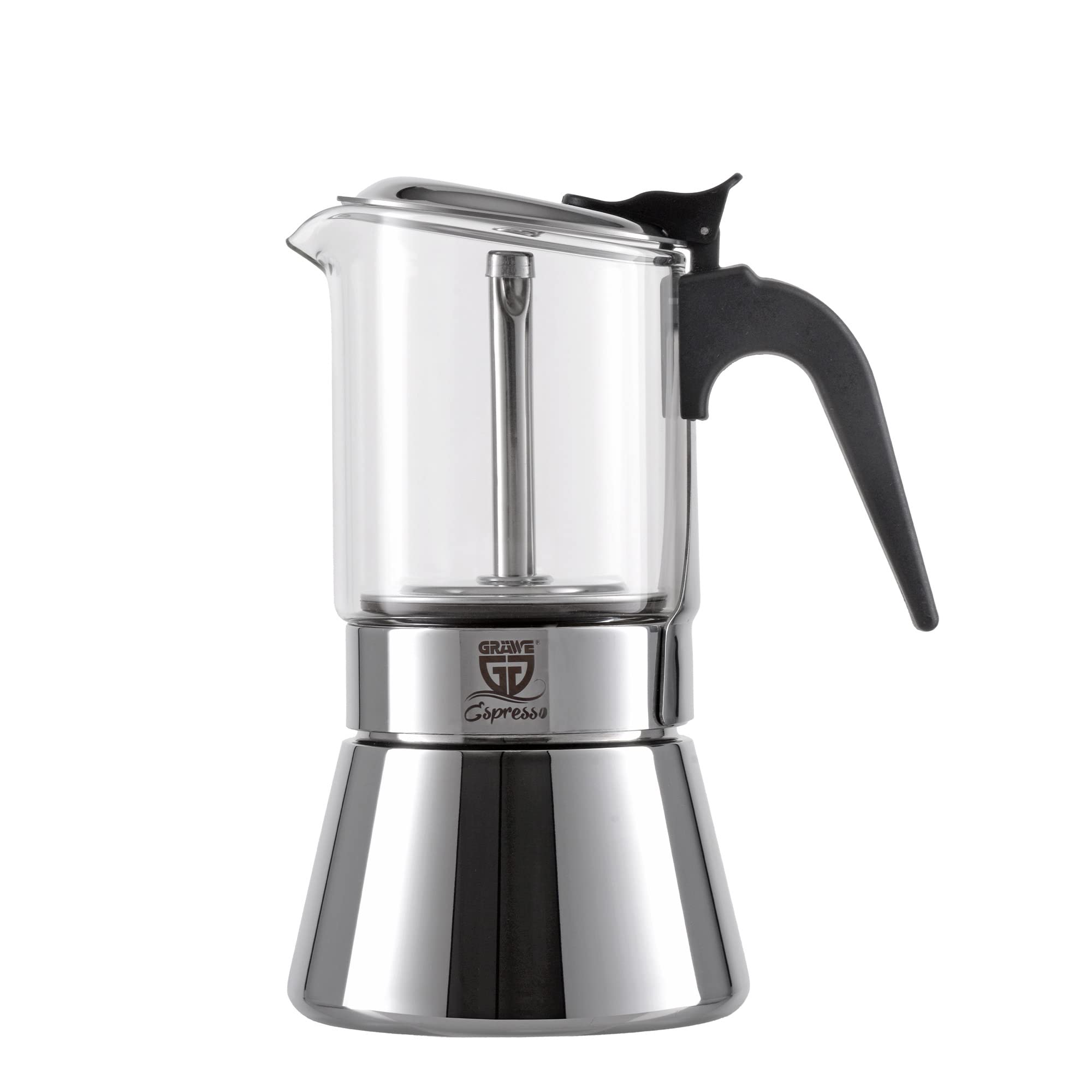 GRÄWE Espressokocher aus Edelstahl mit Glaskanne, für Induktion und alle Herdarten geeignet, spülmaschinengeeignet, 6 Tassen, 260 ml