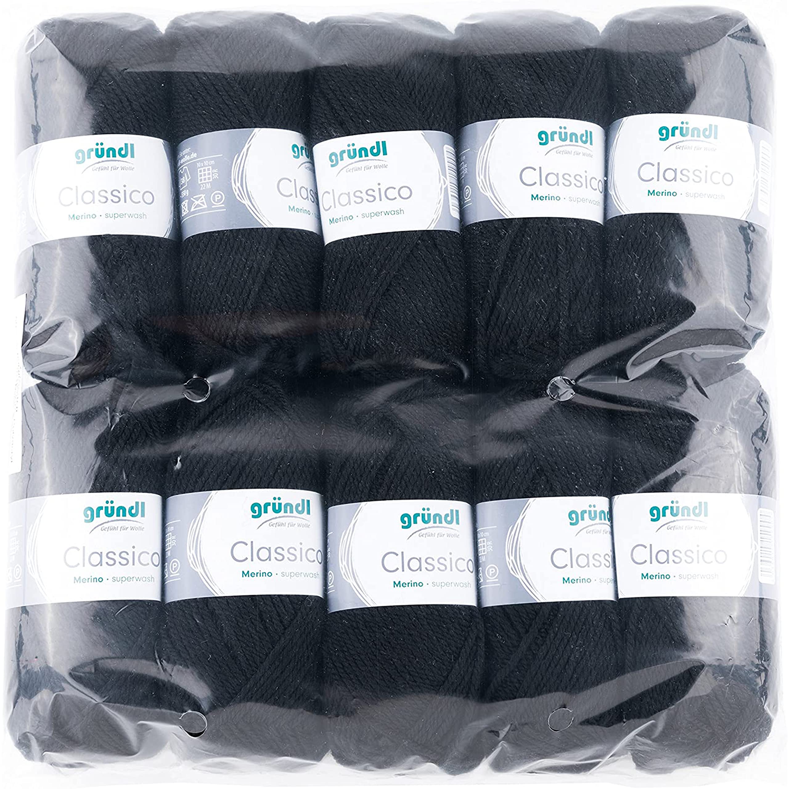 Gründl Classico Wolle (OEKO-TEX® zertifiziertes Strickgarn aus 50 % Schurwolle (Merino ) & 50 % Polyacryl, 50 g/120 m, Nadelstärke: 3,5 - 4,5, 10 Knäuel á 50 g), Schwarz