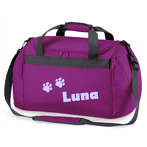 minimutz Sporttasche mit Pfoten | Personalisiert mit Namen | Sporttasche für Tierliebhaber Kinder | Hundetasche für die Tierpension | Reisetasche und Urlaubs-Tasche für Tiere (lila)