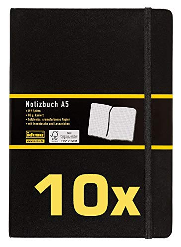Idena 209281 Notizbuch FSC-Mix, A5, kariert, Papier cremefarben, 96 Blatt, 80 g/m², Hardcover in schwarz (20 Stück, kariert)