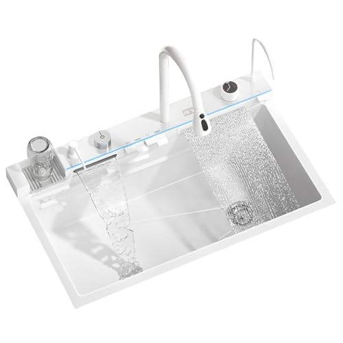 Wasserfall-Küchenspüle, weiße Edelstahlspüle, doppeltes Wasser mit einteiligem Wasserhahn, Digitalanzeige, Geschirrspülen, Gemüsespüle