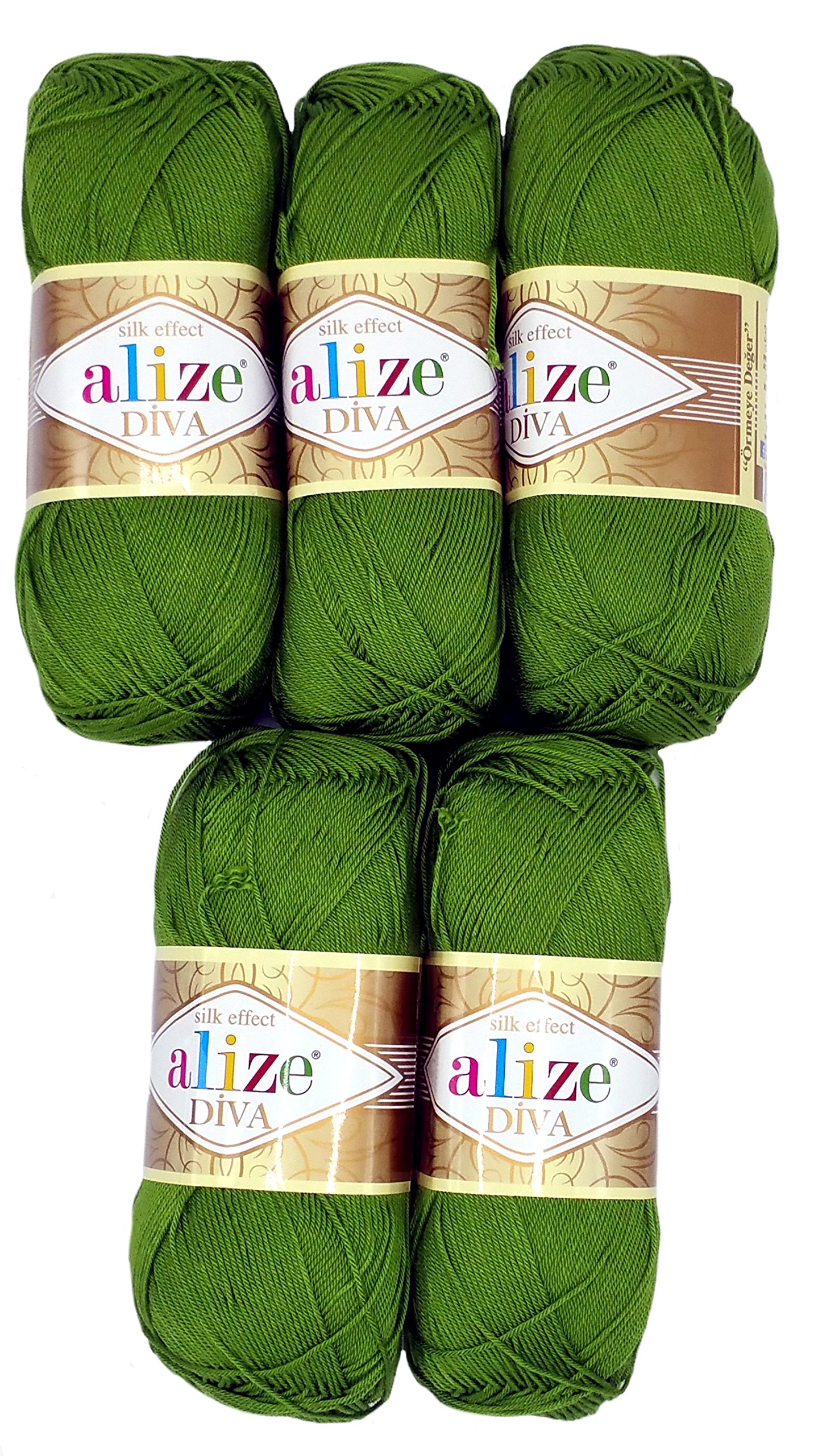 Alize 5 x 100 Gramm Wolle Diva Batik einfarbig, 500 Gramm merzerisierte Strickwolle Microfiber-Acryl (grün 210)
