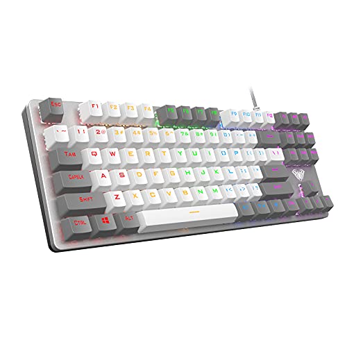 AULA F3287 kabelgebundene TKL Regenbogen-mechanische Gaming-Tastatur, 80 % kompakt, stoßlos, weiße und graue gemischte Farben-Tastenkappen, programmierbare Makro-Tasten