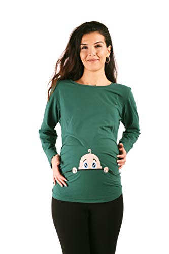M.M.C. Neugieriges Baby - Lustige witzige süße Umstandsmode Umstandsshirt mit Motiv für die Schwangerschaft Schwangerschaftsshirt, Langarm (Dunkelgrün, Large)