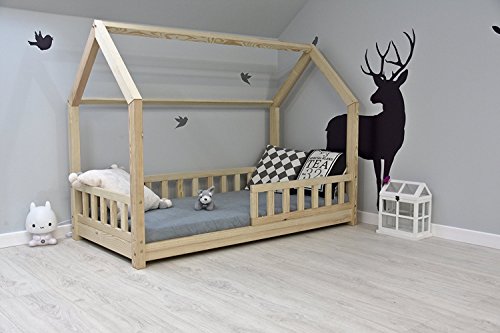 Best For Kids Kinderbett Hausbett Kinderhaus mit Rausfallschutz Jugendbett mit 10 cm Matratze Natur Haus Holz Bett (80x160 cm mit Matratze)