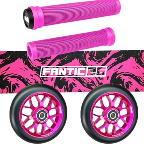 Fantic26 Stunt Scooter Trick Roller Ersatzteile Bundle I ODI SLX Soft Griffe mit Barends I F26 Spy7 110mm Abec11 Rollen I Griptape Swirl Schwarz/Pink