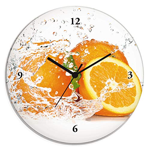 Artland Wanduhr ohne Tickgeräusche Glasuhr rund mit Motiv Design Quarz lautlos Größe: Ø 30 cm Sußspeisen Obst Orange T5UI