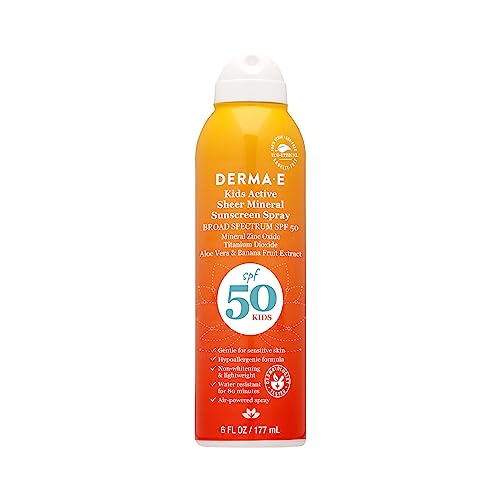 DERMA E Kids Active Sheer Mineral Sunscreen Spray SPF 50-Broad Spectrum Proctection for Toddlers and Kids-Water Resistant Spray Sunscreen for Sensitive Skin, 6 Oz
