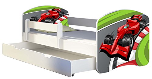 Kinderbett Jugendbett mit einer Schublade und Matratze Weiß ACMA II 140 160 180 40 Design (160x80 cm + Bettkasten, 06 Formel 1)