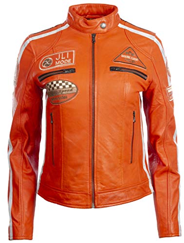 Aviatrix Damen Bikerjacke aus echtem Leder mit Bandkragen und Rennabzeichen (QOOC)