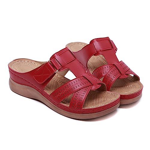 Lanbowo Damen Premium Orthopädisch Offene Zehen Sandalen Vintage rutschfeste Atmungsaktiv für den Sommer - Rot, 38