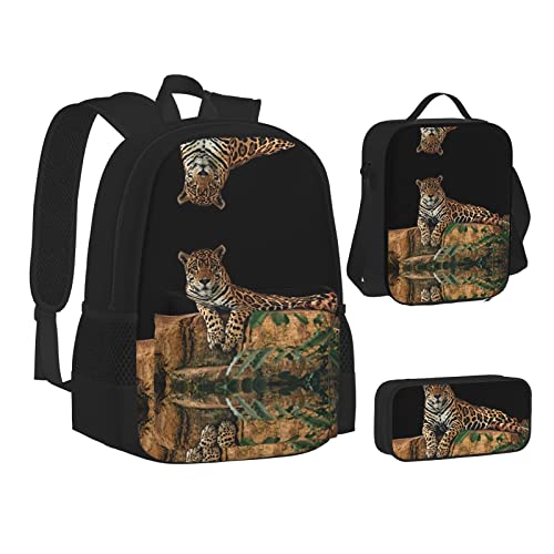 Floral Skull Rucksack Schule Büchertaschen Set Lunchtasche Federmäppchen Schulrucksäcke für Teen Mädchen Jungen, Afrikanische Tierwelt Leopard auf Felsen, Einheitsgröße, Schulrucksack