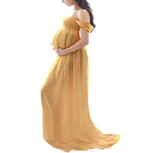 Daysskk Umstandskleid Fotoshooting Gelb Schwangerschaftskleider Fotoshooting Lang Damen Schwangerschaftskleid Chiffon Off Shoulder Babybauch Shooting Outfit S