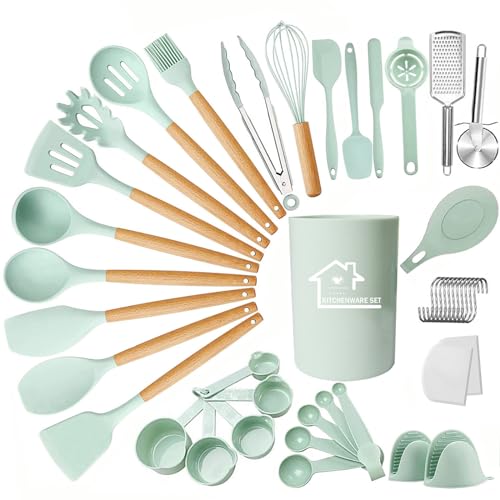 UXIYI Silikon-Küchenutensilien-Set, 43-teiliges Silikon-Küchen-Kochutensilien-Set, Küchenwerkzeug-Pfannenwender-Set mit Halterung zum Kochen Antihaft-Halter,Grün