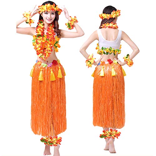 G-Like Hula Tanz Kleid Kostüm - Hawaii Tanzkleid Grasrock Zubehör Sexy Outfit Kleidung Set Verzierung Quasten Blumen Party Cosplay Maskerade Strandurlaub für Damen Mädchen - Kunststoff 8 In 1 (Orange)