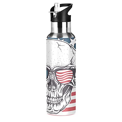 Sugar Skull Lustige USA-Flagge Sport-Wasserflasche mit Strohhalm, vakuumisoliert, Edelstahl-Thermo-Trinkflasche für Erwachsene, Damen, Herren, Kinder, Mädchen, Jungen, Schule, Laufen, 600 ml