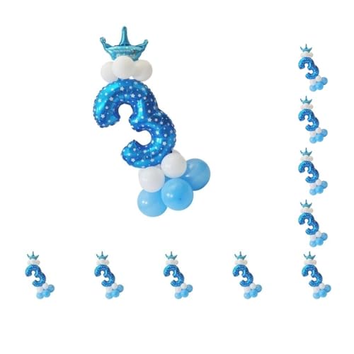 10-teiliges Set mit allen Zahlen, Krone, Luftballons, Säulenset, Happy Birthday, Party-Dekoration, Nummer 3, Blau