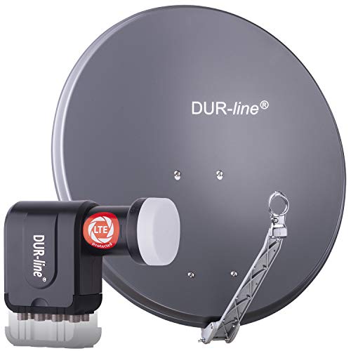 DUR-line 8 Teilnehmer Set - Qualitäts-Alu-Satelliten-Komplettanlage - Select 75cm/80cm Spiegel/Schüssel Anthrazit + Octo LNB - für 8 Receiver/TV [Neuste Technik, DVB-S2, 4K, 3D]