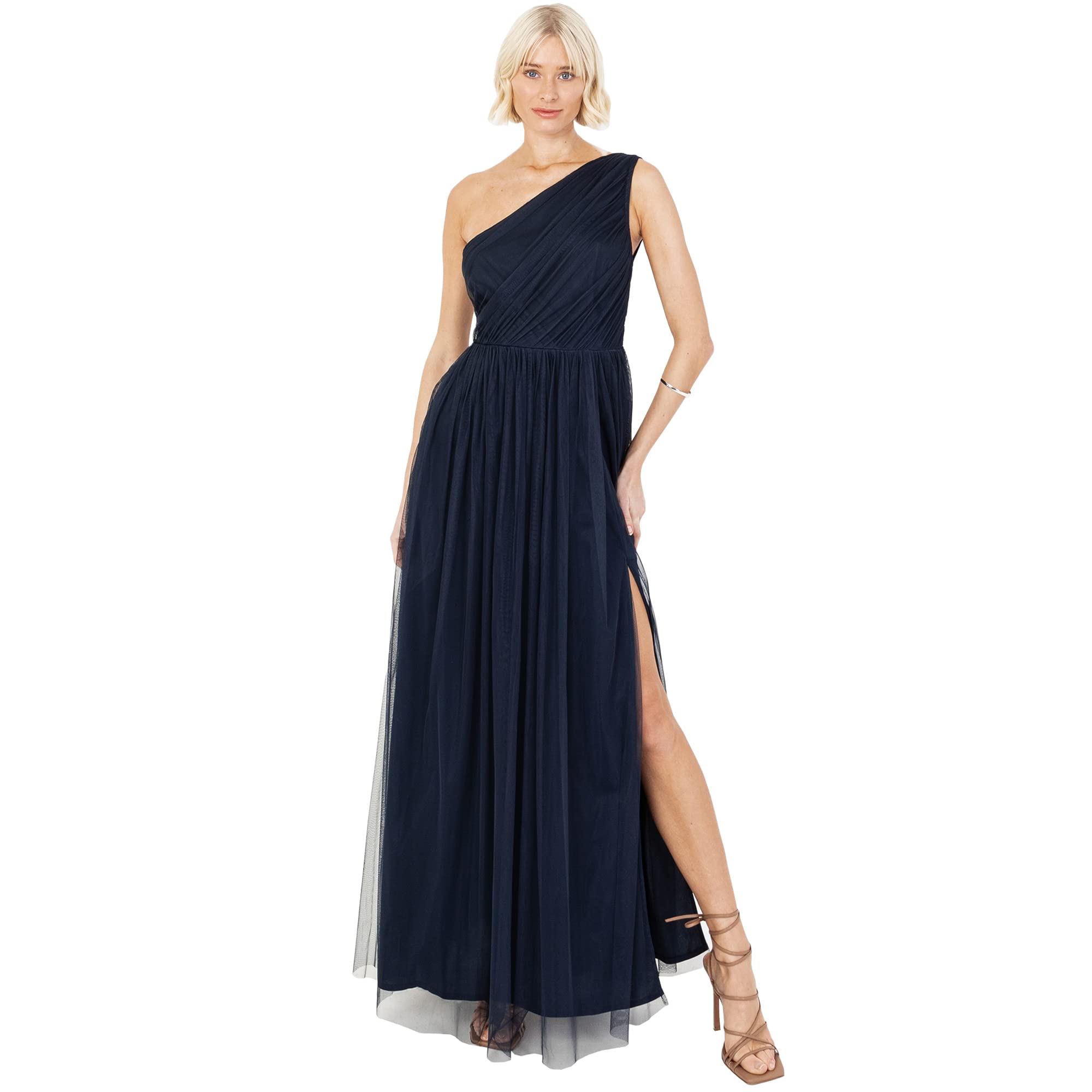 Anaya with Love Damen Womens Ladies Maxi One Cold Shoulder Dress with Slit Split Sleeveless Prom Wedding Guest Bridesmaid Ball Evening Gown Kleid, Navy Blue, 50 EU
