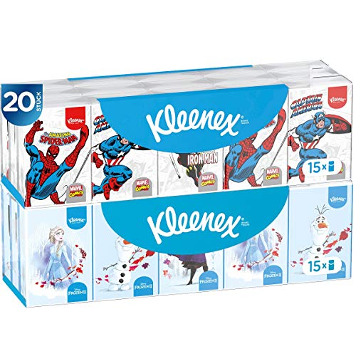 Kleenex Disney Mini-Taschentücher für Kinder, Marvel und Frozen Mix, 4-lagig, 15 x 20 Packungen à 7 Tücher