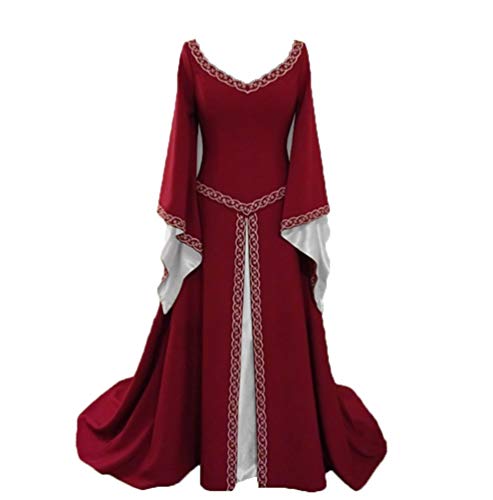 PengGengA Damen Prinzessin Stickerei Kleid Mit Hohem Rundhalsausschnitt Langarm Mittelalter Sling Kleid-Gothic Viktorianischen Königin Kostüm Bodenlänge Rot 3XL