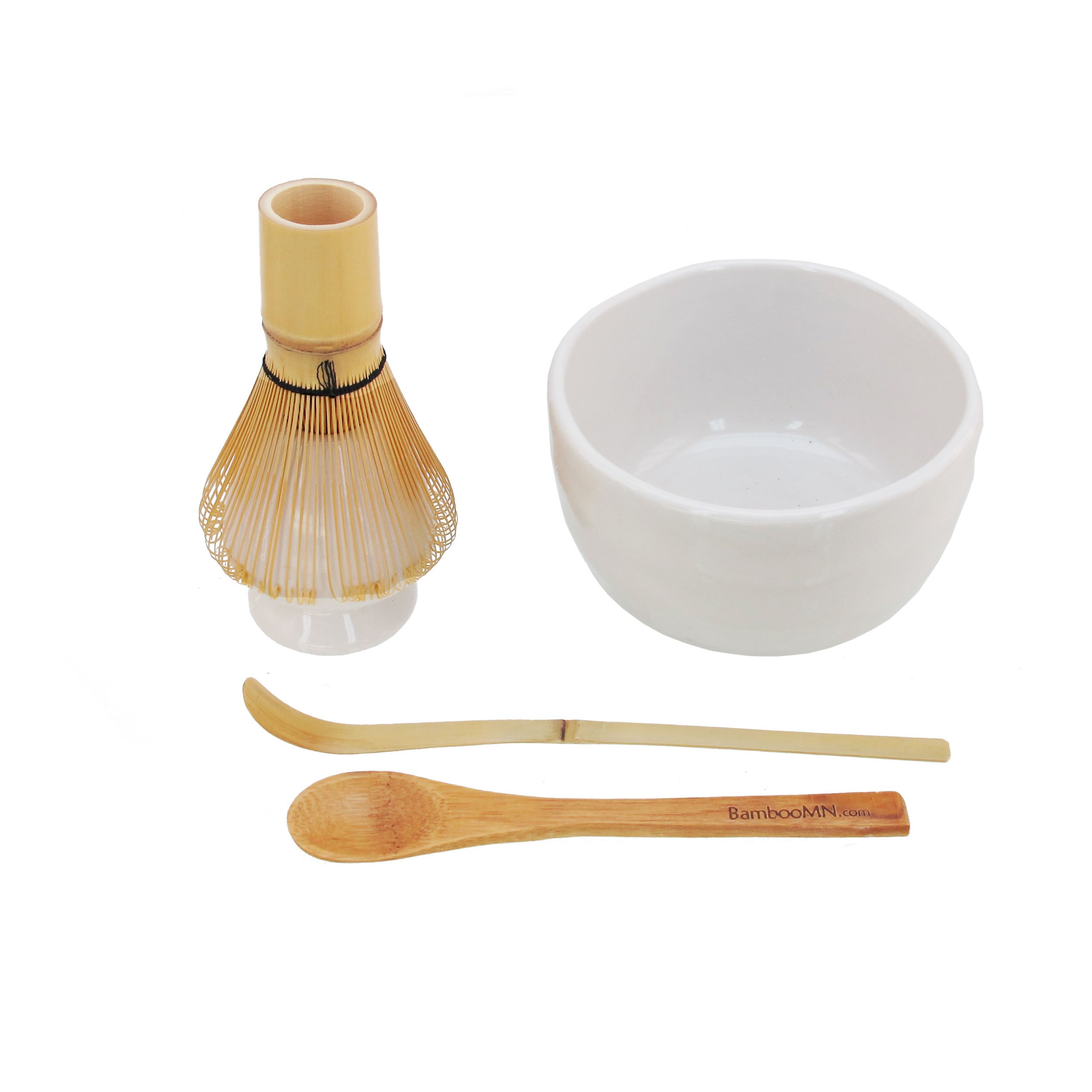 BambooMN Brand - Matcha Bowl Set (Includes Bowl, Rest,Tea Whisk, Chasaku, & Tea Spoon) 1 Set White by BambooMN
